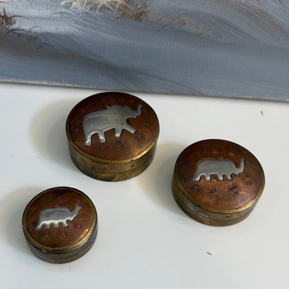 Vintage Mixed Metal Brass Copper Elephant Trinket Pill Box Set of 3 Nesting